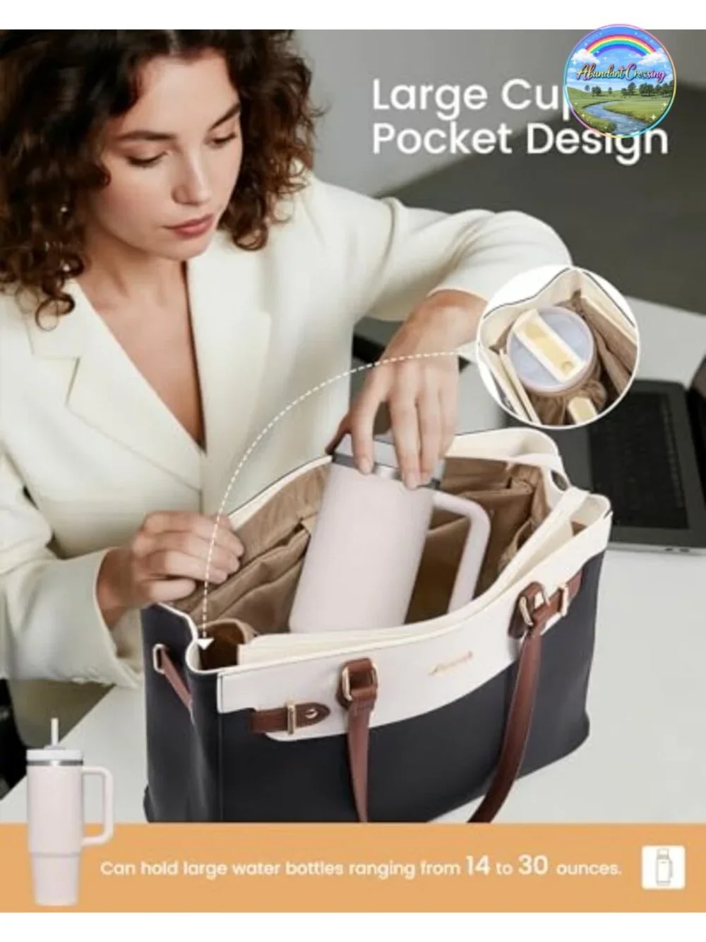 Waterproof PU Leather Laptop Tote Bag for Women Work Teacher with Large Cup